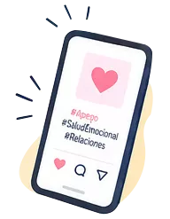 Ilustración de un teléfono móvil mostrando publicaciones sobre apego en redes sociales