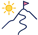 Ilustración de un sol junto a una montaña con una bandera en la cima