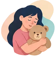 Ilustración de una joven abrazando un oso de peluche